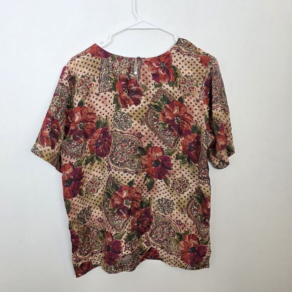Vintage Tan Maroon 100% Silk Mixed Media Artsy Whimsical Blouse Size Medium - Picture 4 of 5